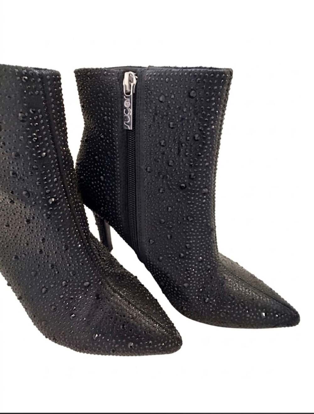 Sugar Vecna Black Rhinestone Embellished Stiletto Ankle Booties